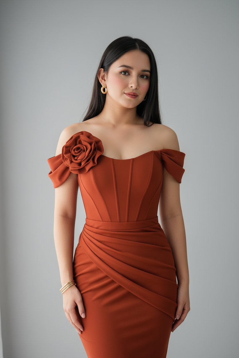 Vestido Terracota Off-Shoulder Corset Rosa 3D y Falda Sirena Drapeada cod.766
