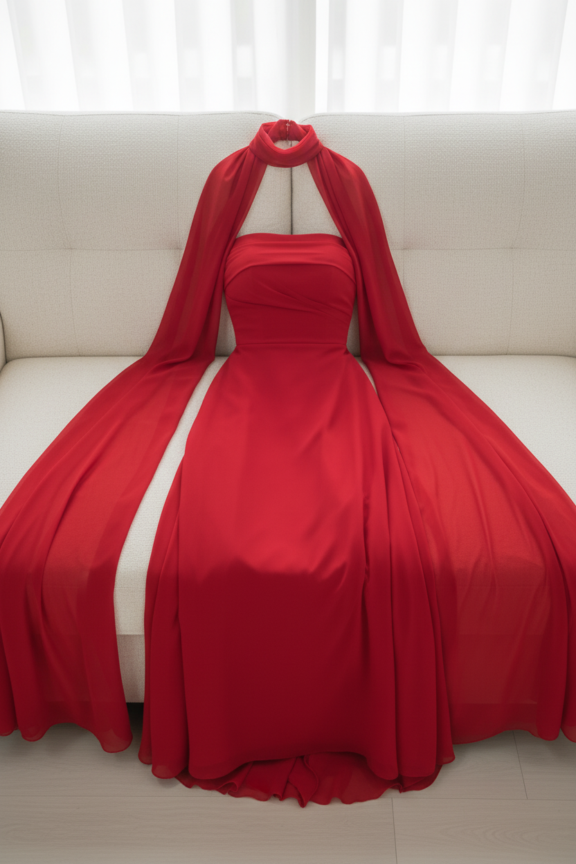 Vestido Rojo Strapless con Capa y Corsét cod.V364