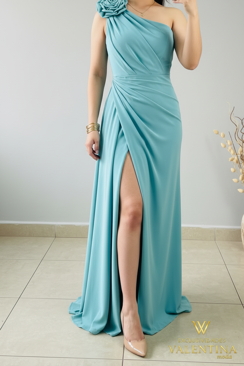 Vestido Azul Teal Un Hombro con Rosa 3D y Abertura Lateral cod.V553