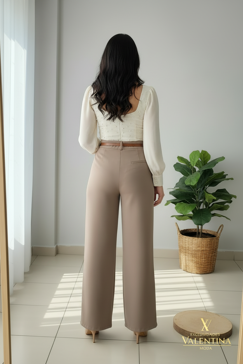 Conjunto 2 Piezas Top Crema Perlas y Pantalón Palazzo Beige cod.00130