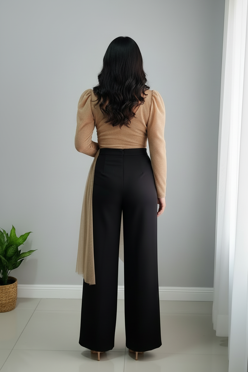 Conjunto Top Tul Dorado Cruzado Manga Abullonada y Pantalón Palazzo Negro  cod.738