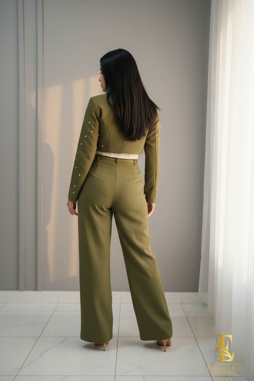 Conjunto Olive Pearl Bow Blazer & Palazzo cod.C224