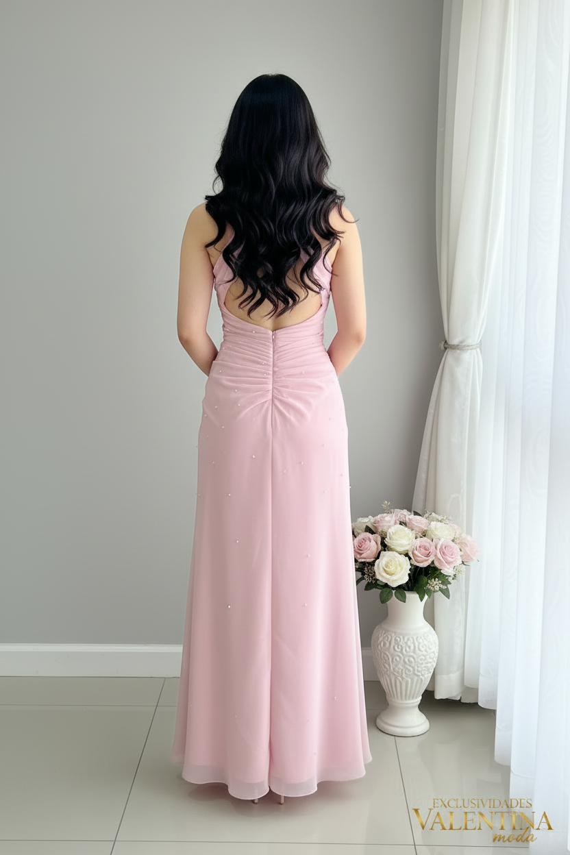 Vestido Largo Rosa Palo Chiffon Perlas Drapeado cod.V718