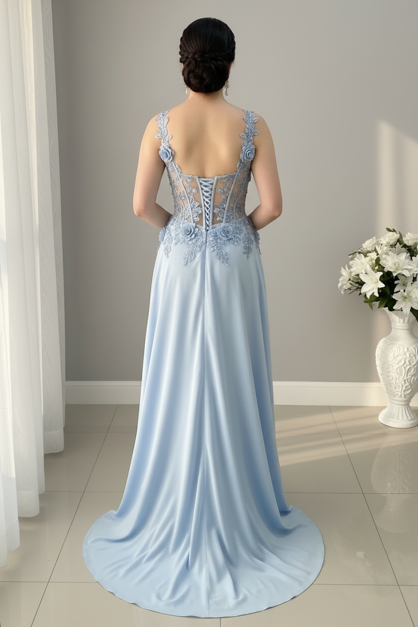 Vestido Largo Azul Celeste Corsé Transparente Rosas 3D Encaje cod.V999
