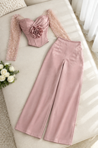 Conjunto rosa palo corsé con rosa 3D y pantalón palazzo cod. CJ006