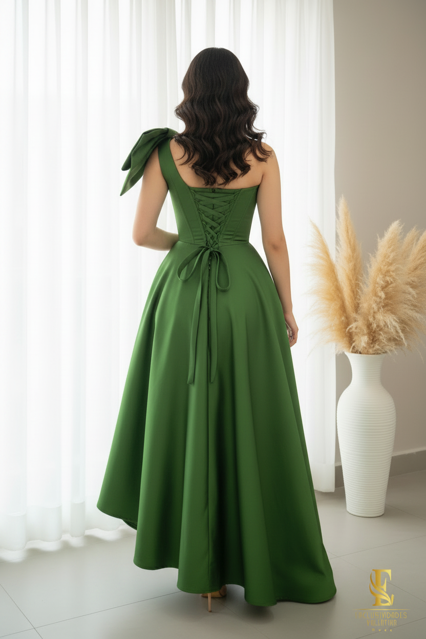 Vestido Verde Esmeralda Satén Moño Corsé High-Low cod.0097
