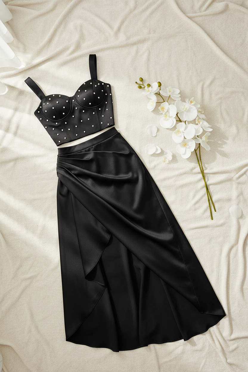 Conjunto negro top perlas falda asimétrica C.1932