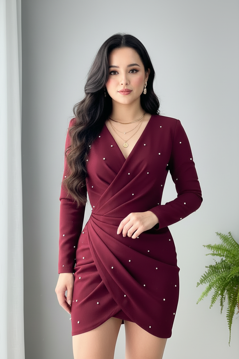 Vestido Vino Manga Larga con Pedrería cod.946
