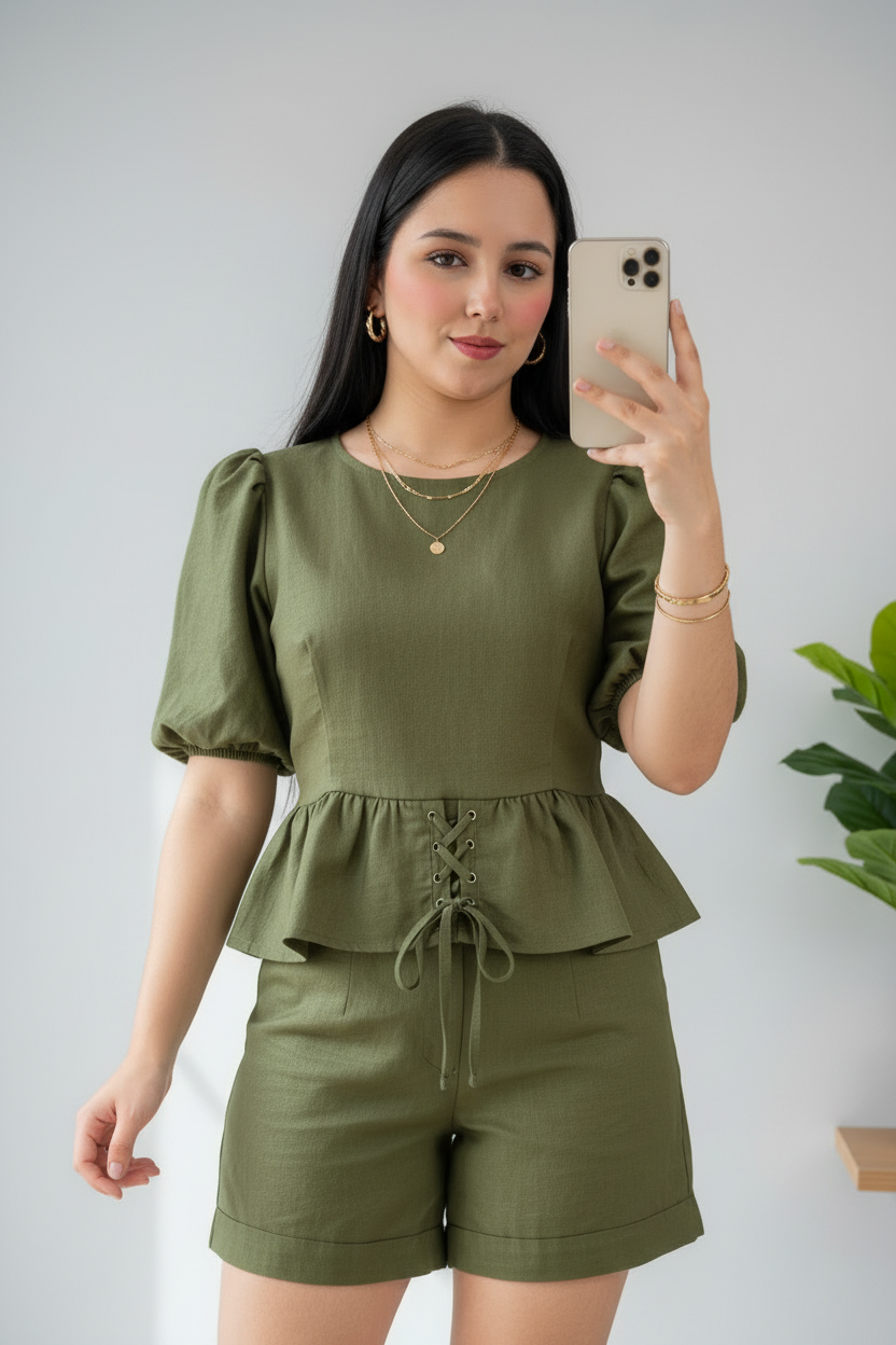 Conjunto Olive Peplum Lace-Up & Short cod.584