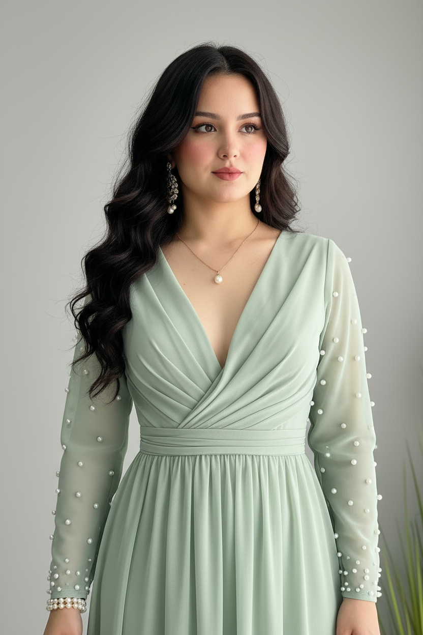 Vestido Verde Salvia Manga Larga Tul Perlas Abertura cod.V892