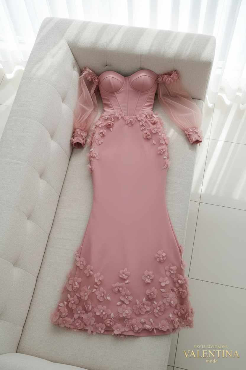 Vestido Rosa Sirena Corset con Mangas Tul Abullonadas y Flores D cod.V536