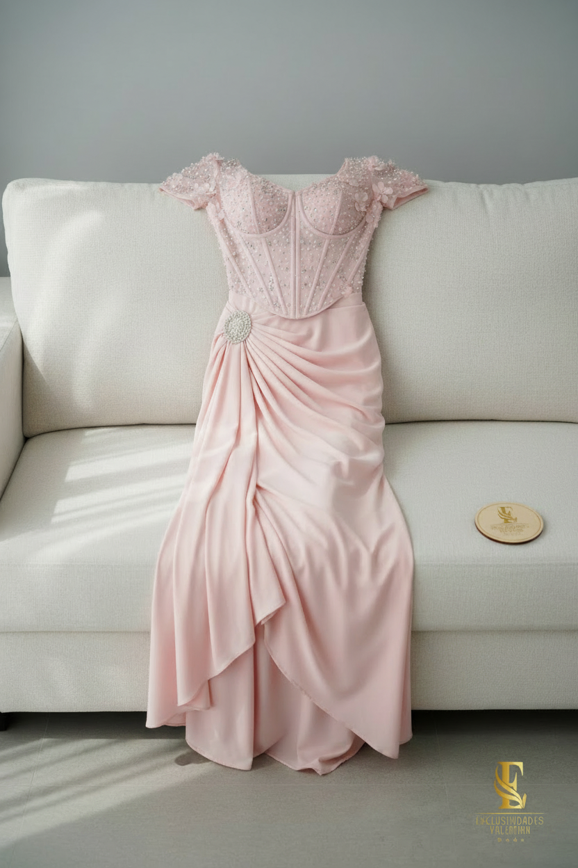 Vestido Rosa Palo Corset con Perlas cod.711