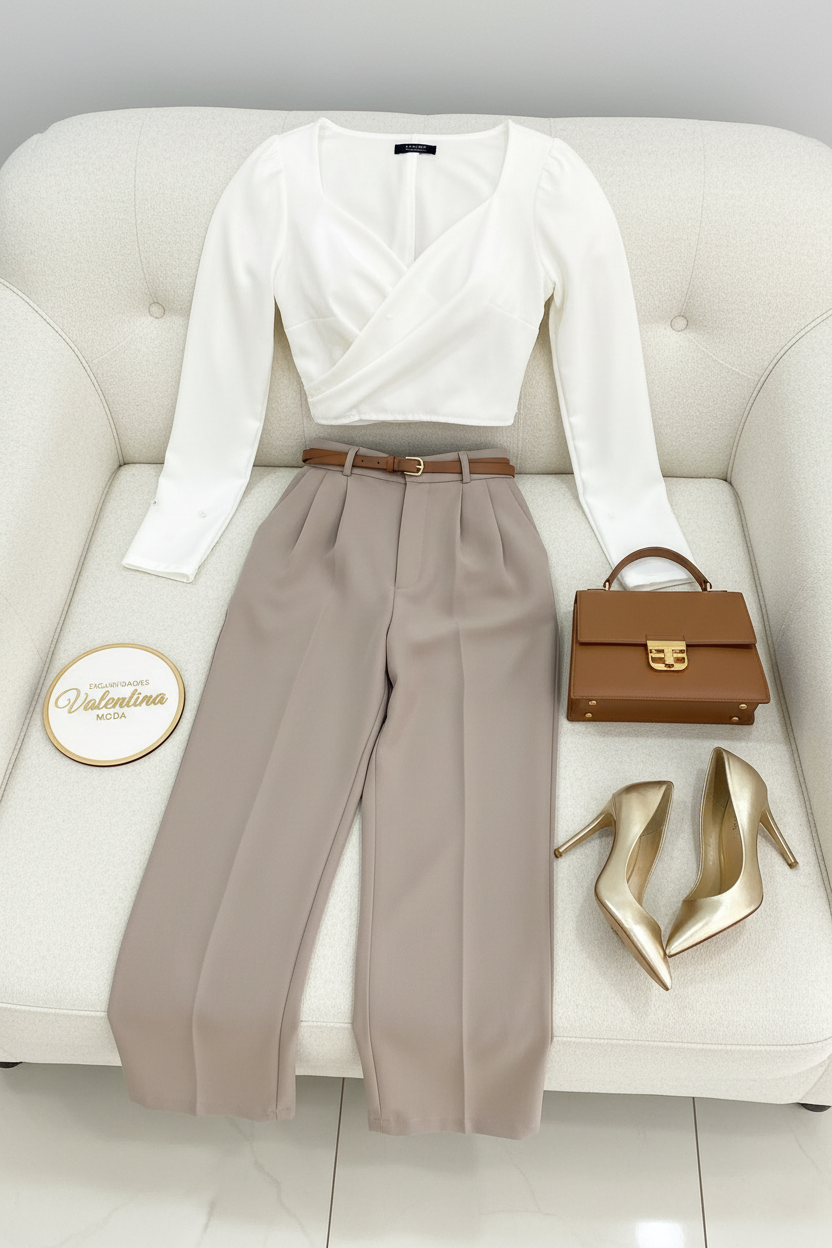 Conjunto 2 Piezas Top Blanco Cruzado y Pantalón Palazzo Beige cod.00131