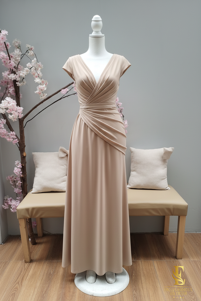 Vestido Champagne Largo Escote V Drapeado Diagonal Manga Capa cod.V294