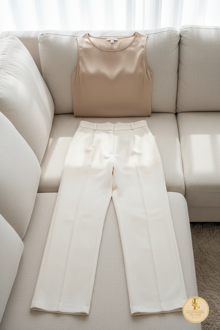 Conjunto Top Satinado Beige Sin Mangas y Pantalón Palazzo Crema Tiro Alto cod.767