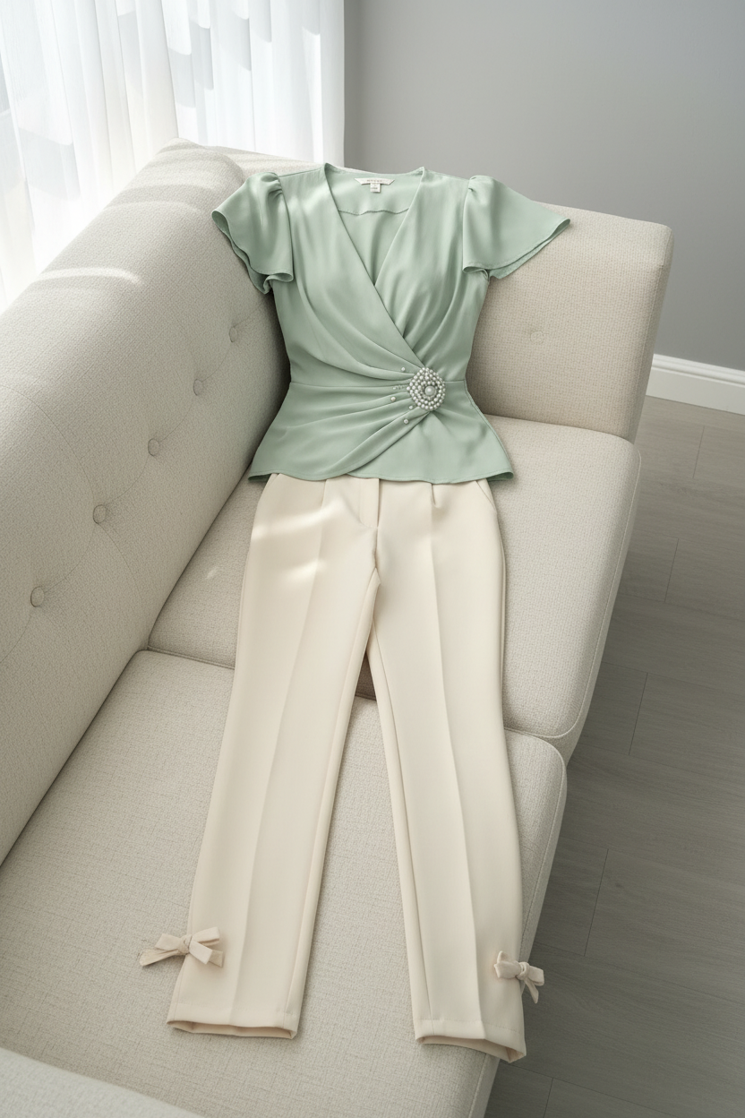 Conjunto Dos Piezas B. Verde Menta Cruzada con Broche de Perlas y P. Pitillo Crema