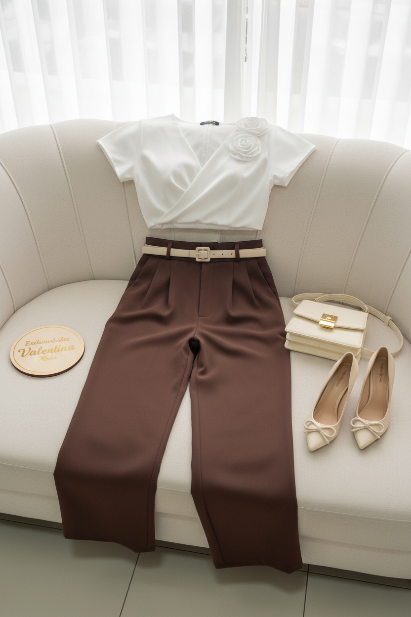 Conjunto 2 Piezas Top Blanco Rosa 3D y Palazzo Marrón Chocolate cod.00136