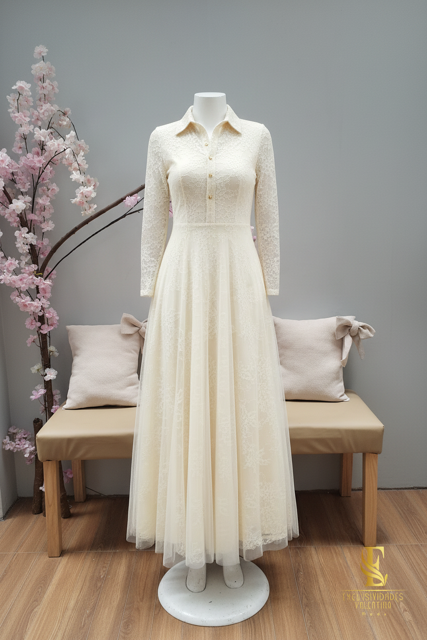 Vestido Ivory Camisero Manga Encaje con Falda de Tul cod.V283