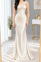 Vestido Cream, Un Hombro Corsét con Perlas cod.V0052