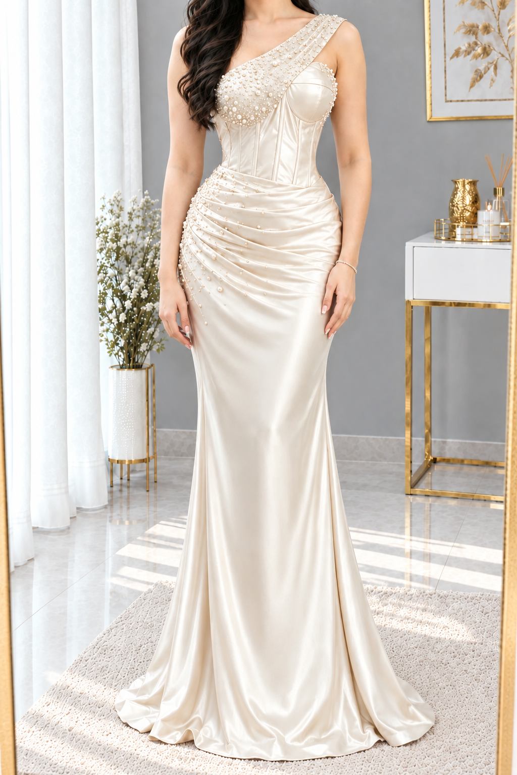 Vestido Cream, Un Hombro Corsét con Perlas cod.V0052
