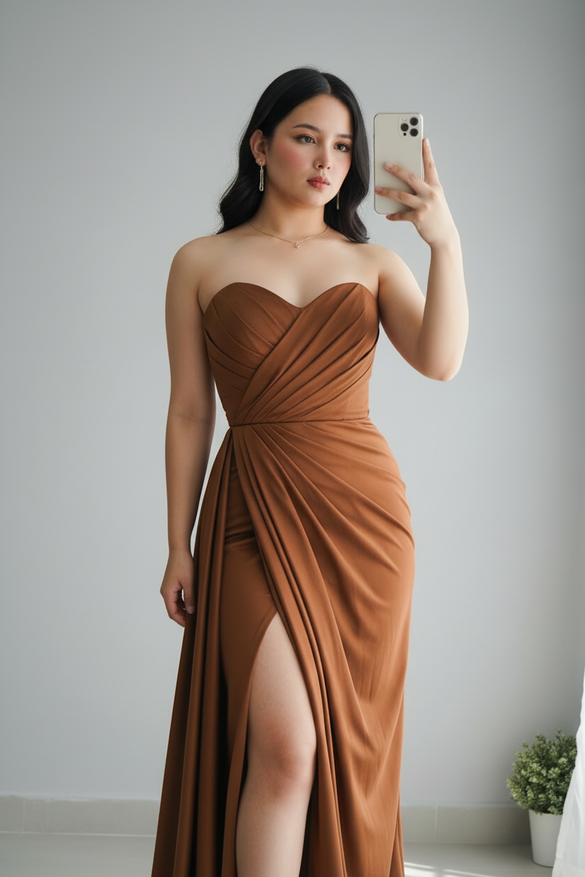 Vestido Terracota Strapless con Drapeado Diagonal y Abertura Alta cod.734