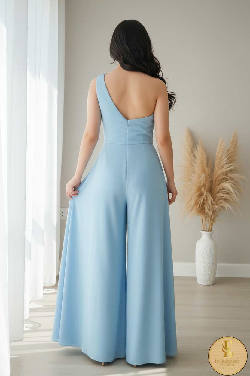Enterizo Azul Cielo One-Shoulder Palazzo Drapeado Broche Cristales cod.00108