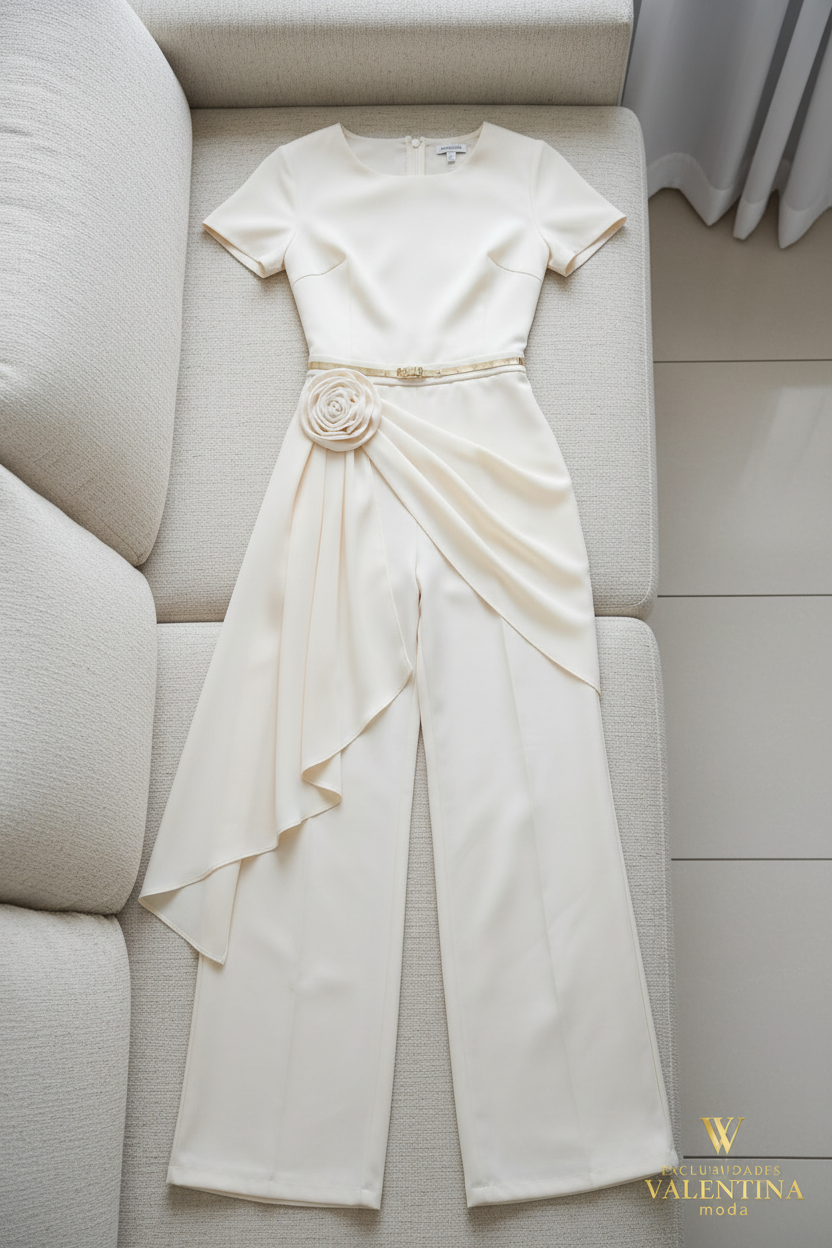 Enterizo Marfil Manga Corta con Rosa y Pantalón Palazzo cod.E534