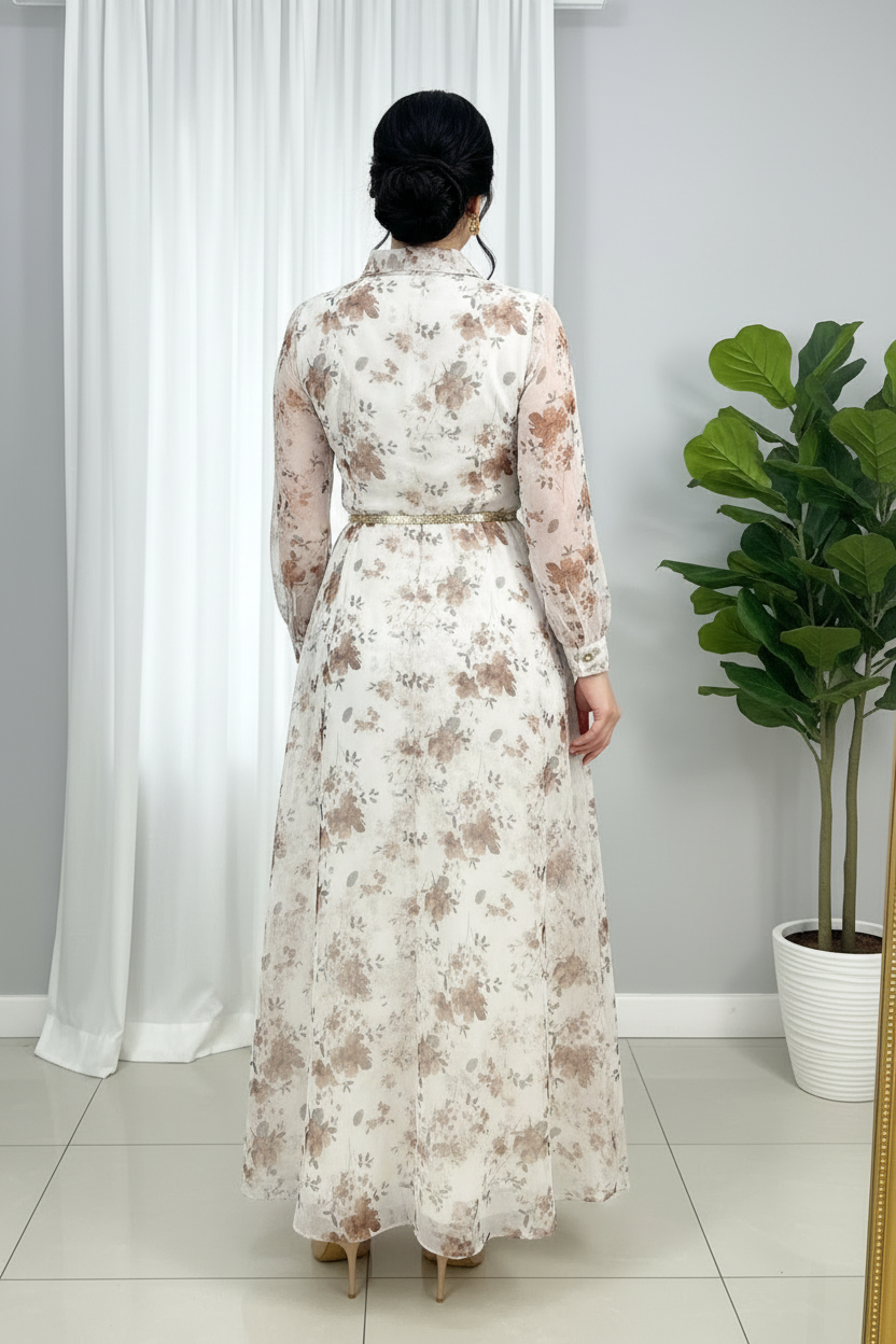 Vestido Floral Crema — Chiffon Botones Dorados cod.858
