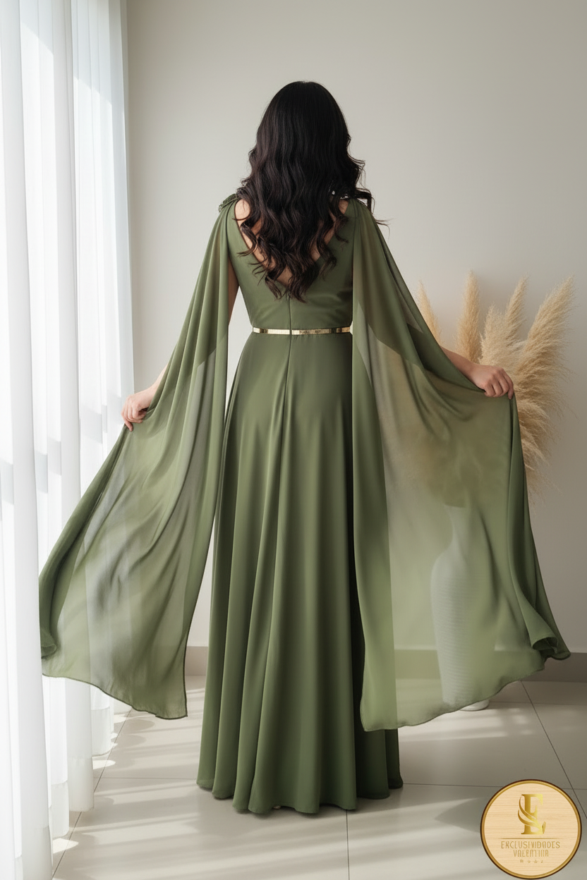 Vestido Verde Olivo Chiffon Escote V con Capa y Rosa cod.0095