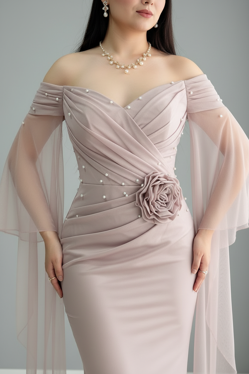 Vestido Rosa Palo Off-Shoulder Mangas Tul Largas Perlas Rosa 3D y Falda Sirena cod.778