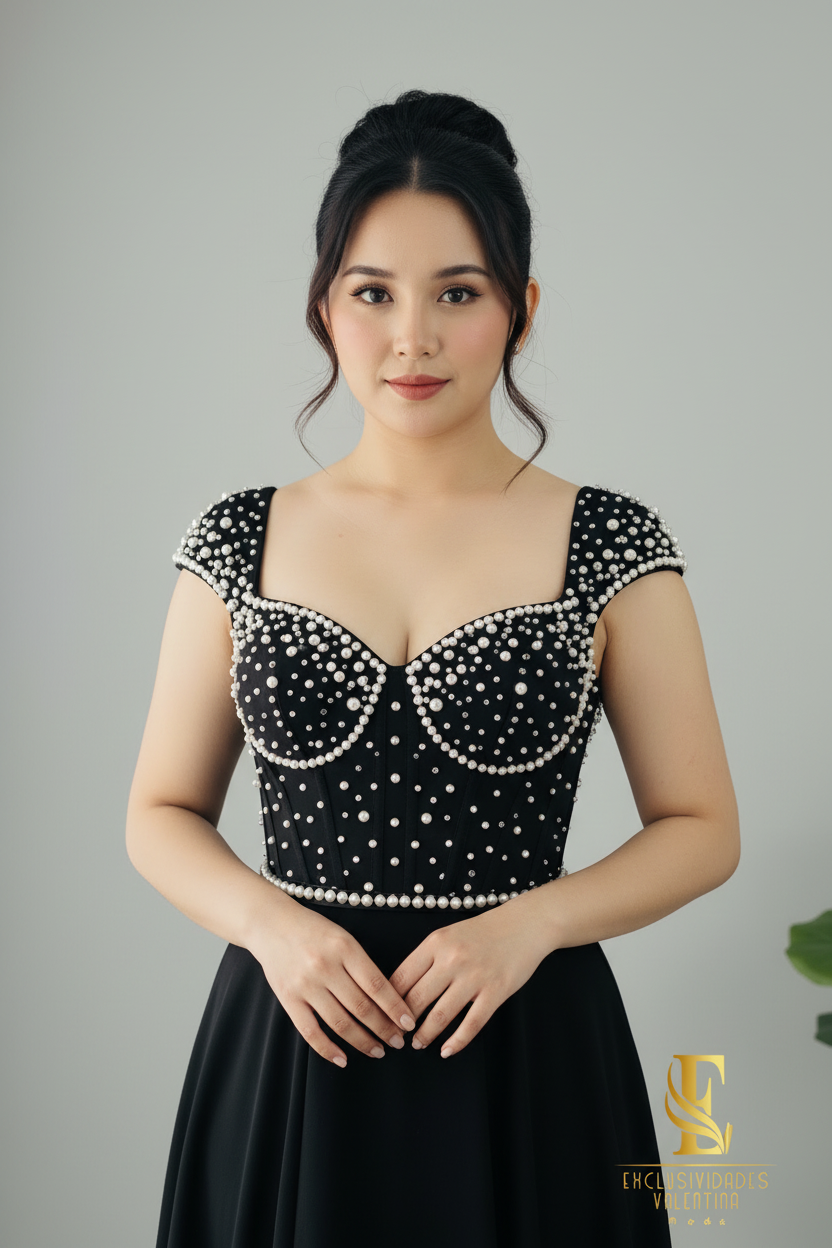 Vestido Negro con Córset de Perlas y Falda con Abertura cod.V245