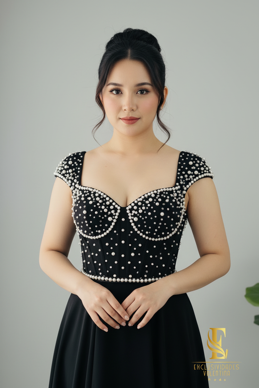 Vestido Negro con Córset de Perlas y Falda con Abertura cod.V245