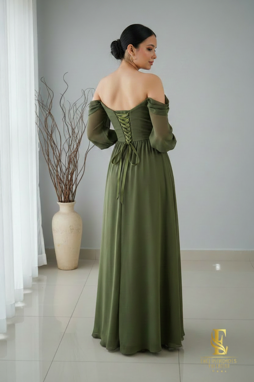 Vestido Verde Olivo Off-Shoulder cod.V338
