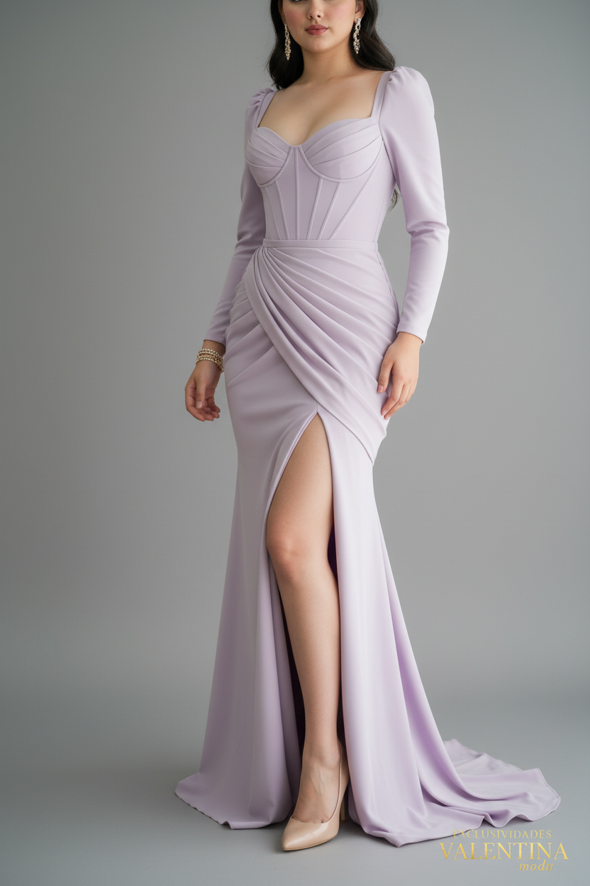 Vestido Lila Manga Larga con Corset y Abertura Frontal cod.V530