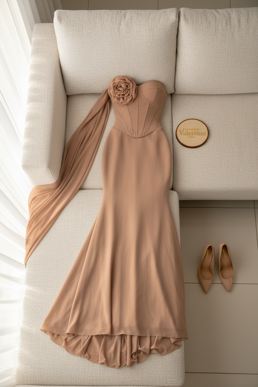 Vestido Nude Rose Sirena – Gown Nude Strapless con Rosa 3D & Tira Chifón cod.681