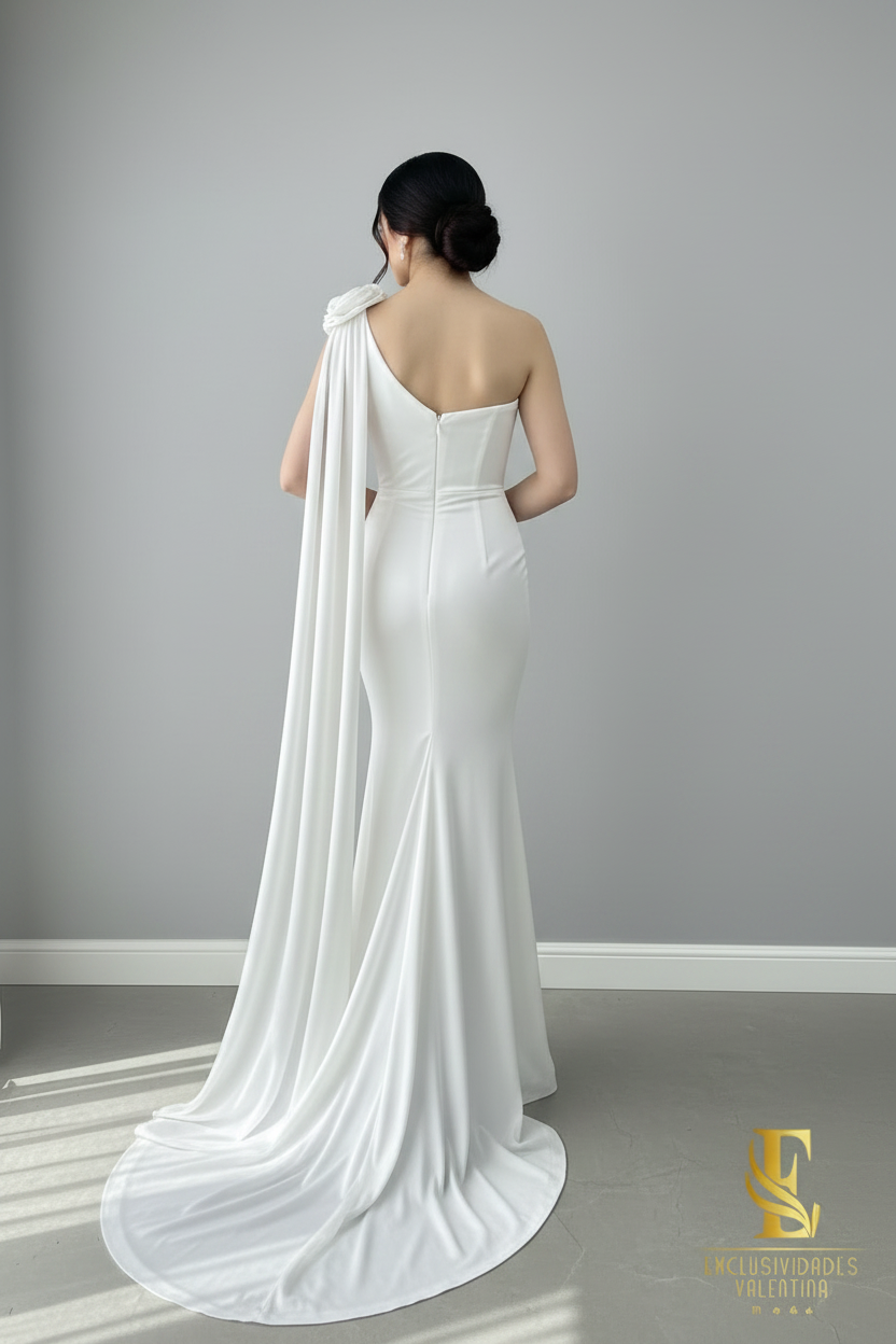 Vestido Sirena Blanco Un Hombro con Rosa Espiral y Capa Drapeada cod.V252