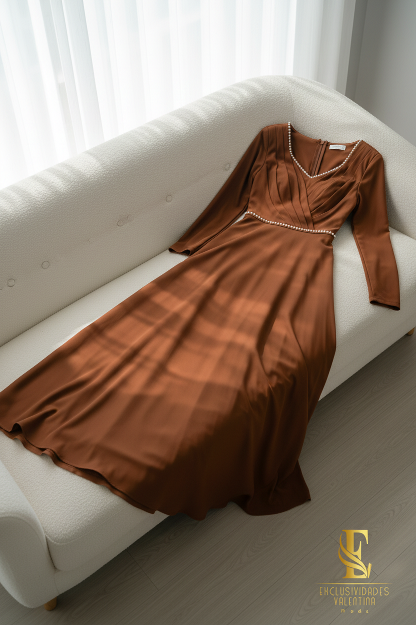 Vestido Largo Terracota con Cuerpo Cruzado y Cinturón de Perlas cod.V239
