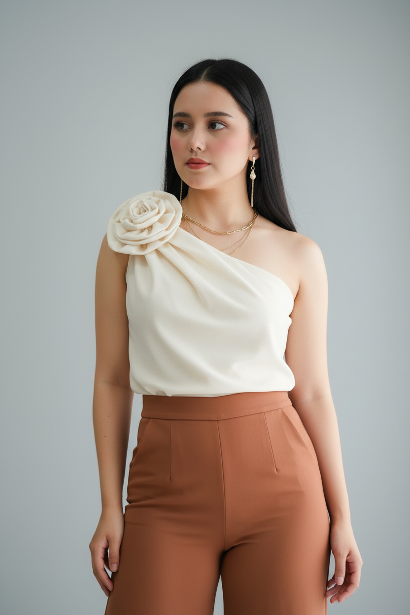 Conjunto Top Blanco Un Hombro Rosa 3D y Pantalón Palazzo Terracota cod.734
