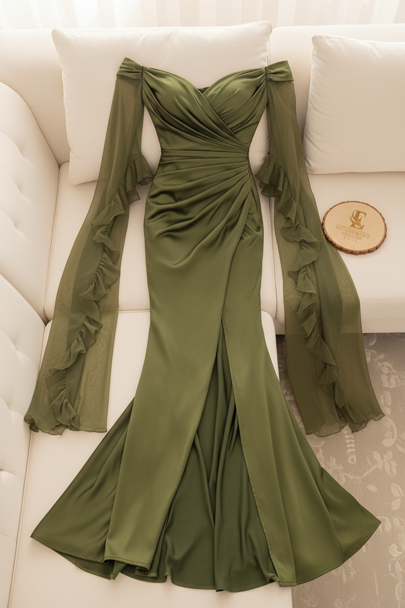 Vestido Largo Verde Oliva Satén — Off-Shoulder, Manga Tul con Volantes & Abertura Frontal cod.895