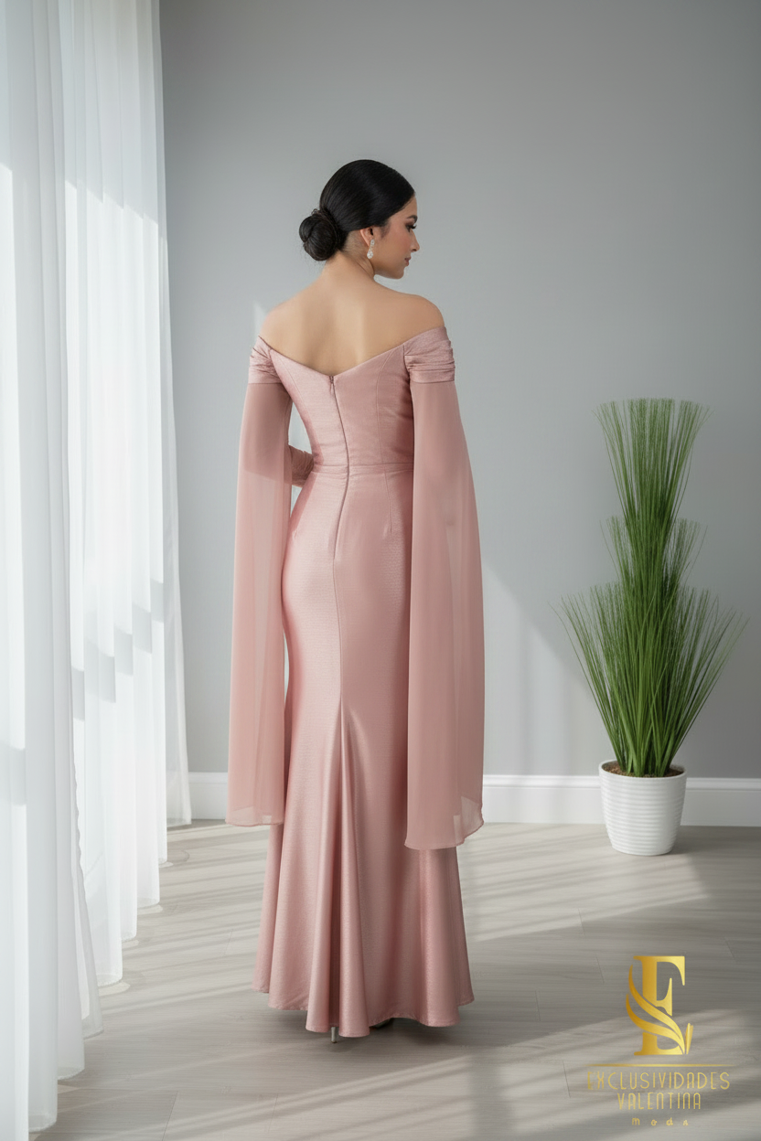 Vestido Rosa Palo Satén Off-Shoulder con Mangas Campana cod.667