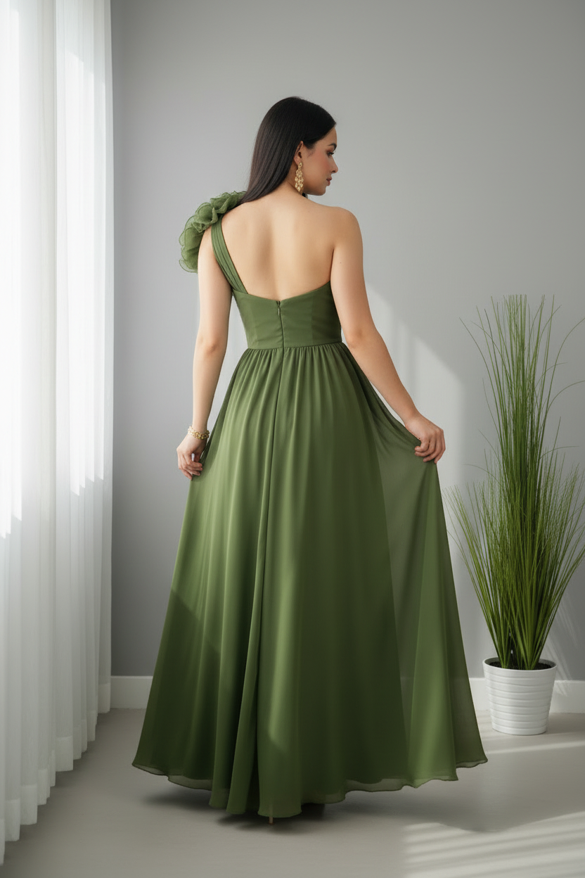 Vestido Verde Olivo Un Hombro con Rosas 3D y Falda Chiffon Línea A cod.V613