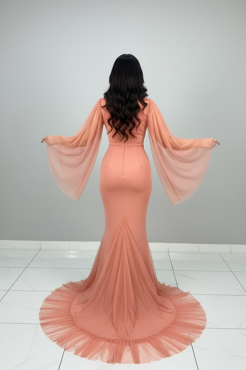 Vestido Salmón Sirena Tul Campana Rosa D cod. 604