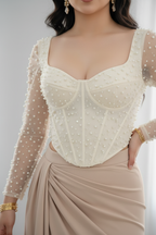 Conjunto Corset Crema Tul Perlas + Falda Nude Drapeada | C-019