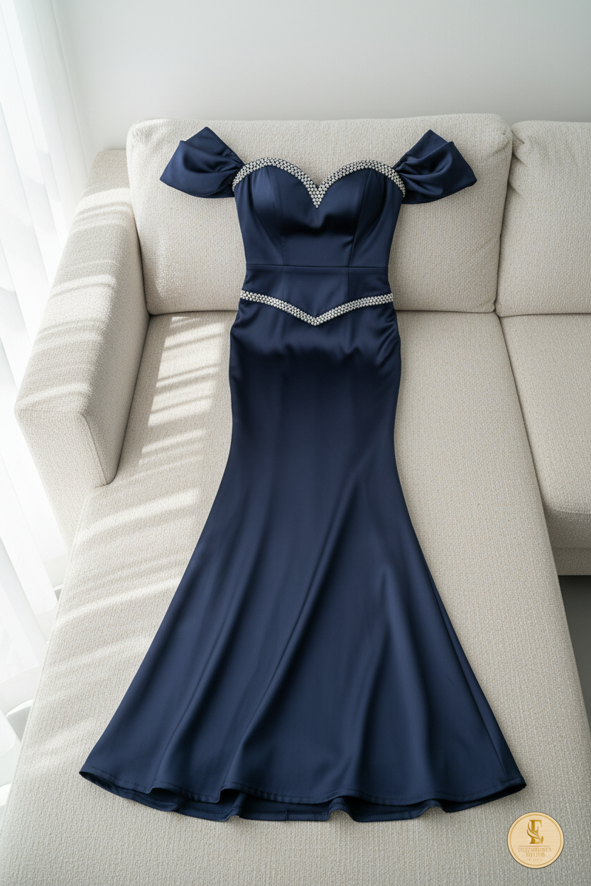Vestido Azul Marino Off-Shoulder con Perlas en Escote y Cintura Sirena cod.741