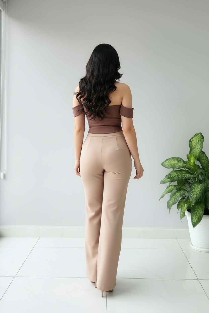 Conjunto Rose Bardot – Top Off Shoulder Corazón & Pantalón Beige cod.668