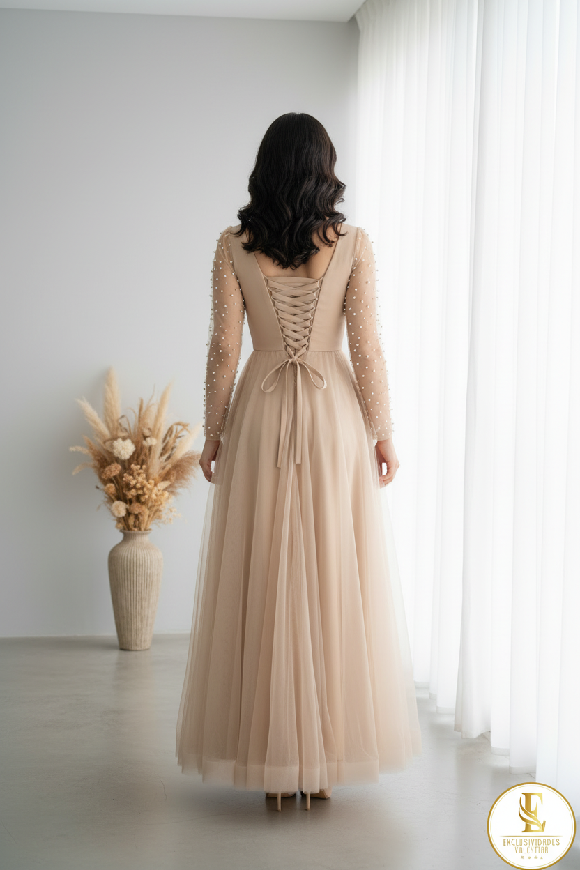 Vestido Champagne Escote V Manga Tul Perlas cod.V393