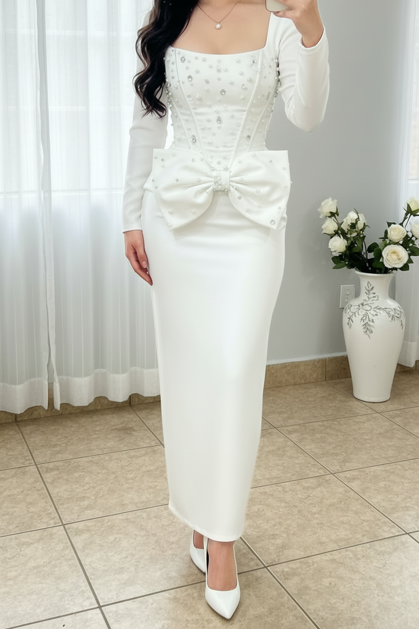 Vestido Elegante Blanco Corset Cristales Lazo y Falda Lápiz cod.V0032