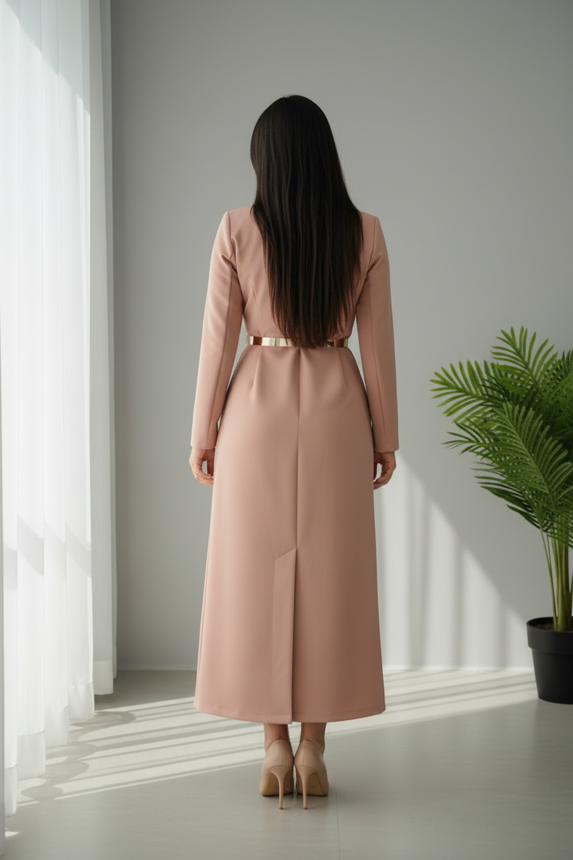 Vestido Blazer Rose Gold – Doble Botonadura con Cinturón Dorado cod.687