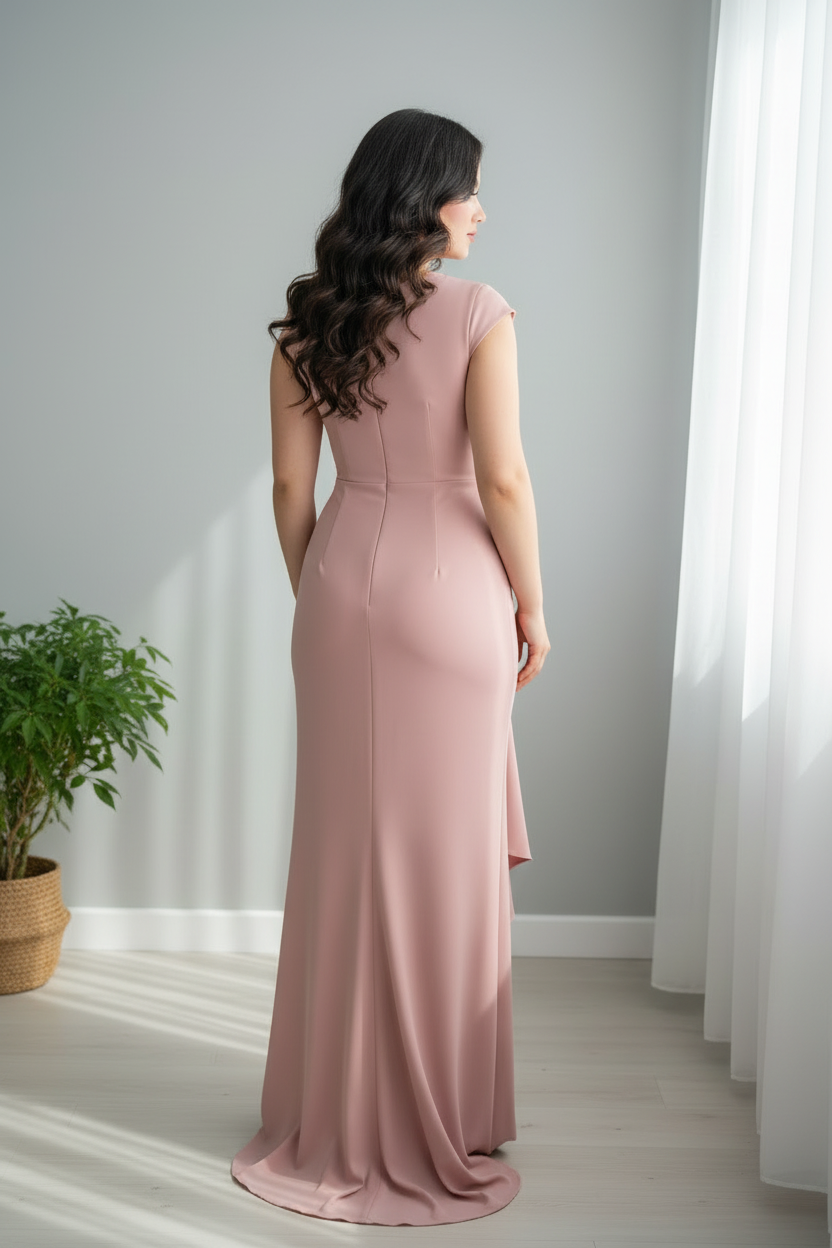 Vestido Rosa Palo Cuello Redondo con Drapeado Lateral y Cola cod.729
