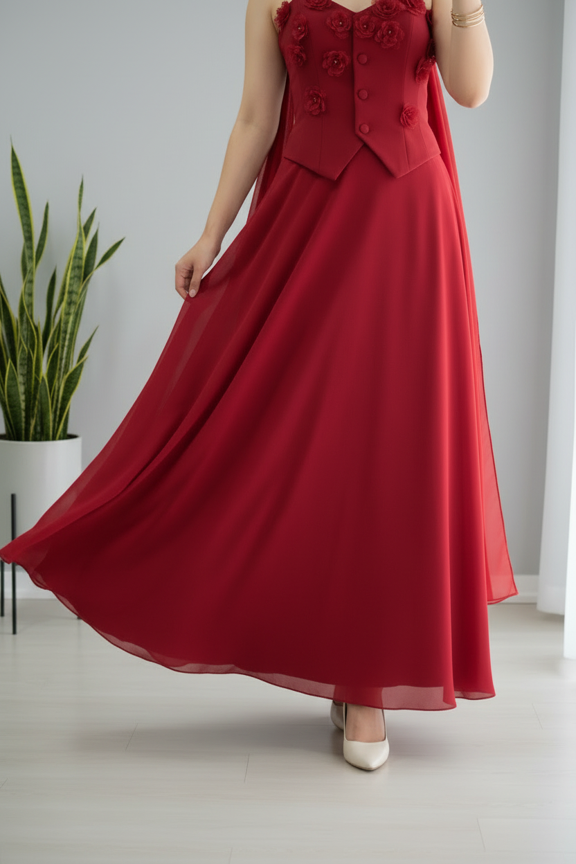 Conjunto Rojo de Gala — Blusa Chaleco + Falda Chiffon cod.C615